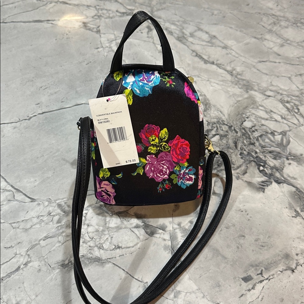 NWT! Betsey Johnson Velvet Black and Multicolor Floral Covertible Backpack - Picture 3 of 14